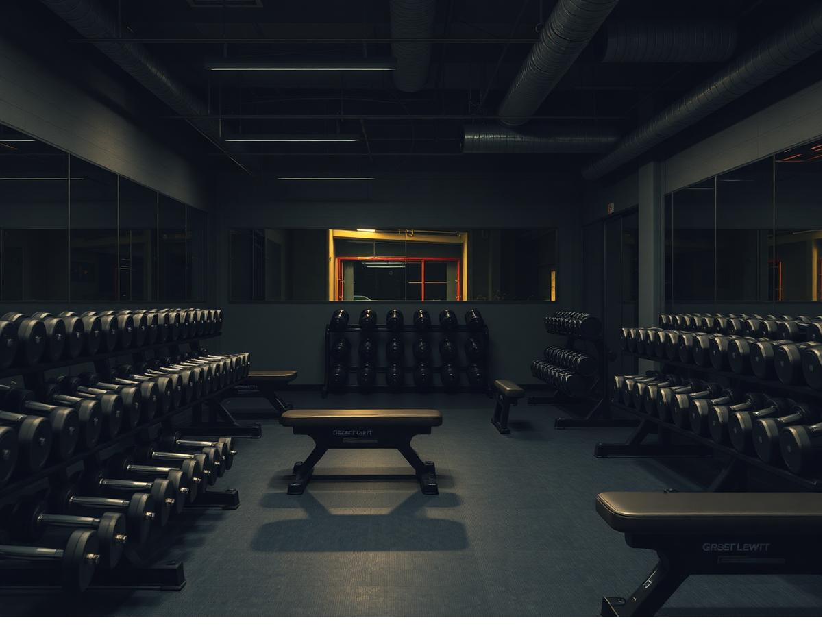 Sala de musculação com halteres e bancos